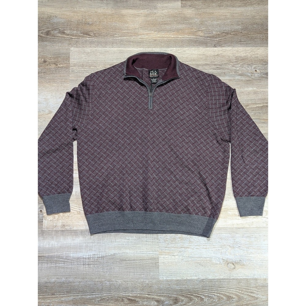 Jos A Bank Mens Burgundy Grey Diamond Pattern Merino Wool 1/4 Zip Sweater L